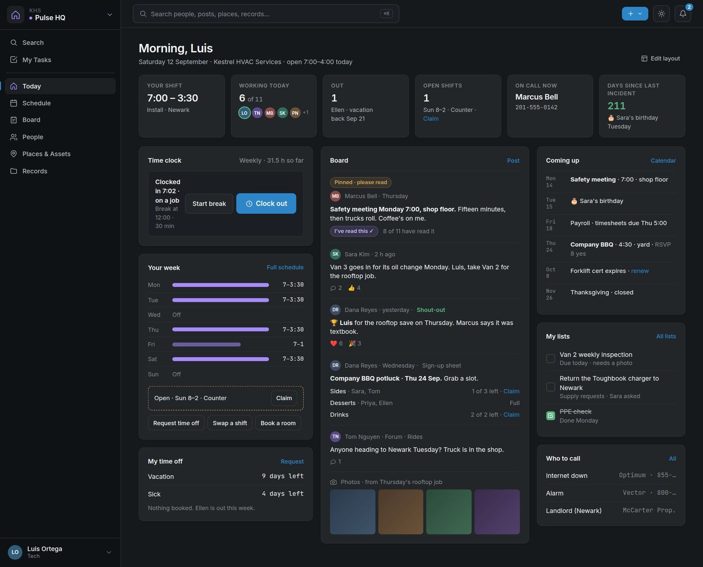 Pulse HQ Today page: your shift, time clock, the board and what is coming up