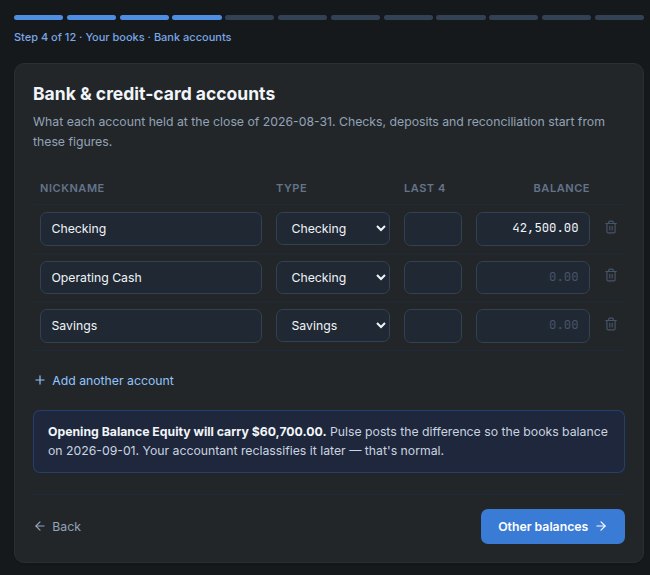 Pulse fresh-start books: bank and credit-card accounts with nickname, type, last four digits and balance, and a note on Opening Balance Equity