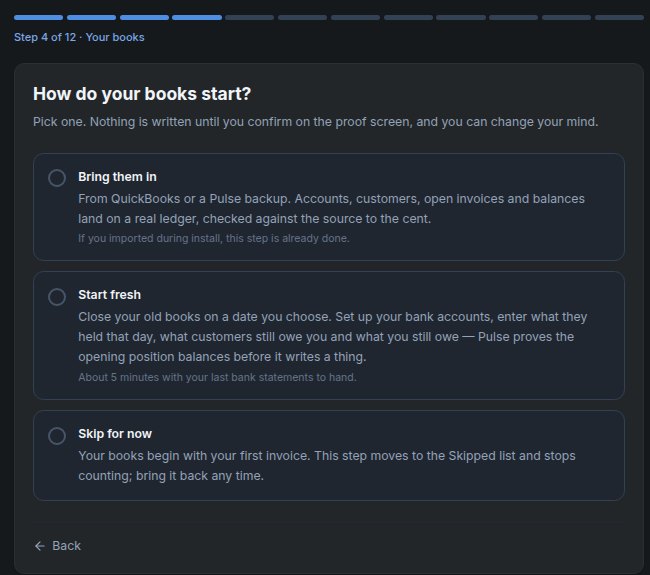 Pulse onboarding, Your books: How do your books start? Choices are Bring them in, Start fresh, or Skip for now