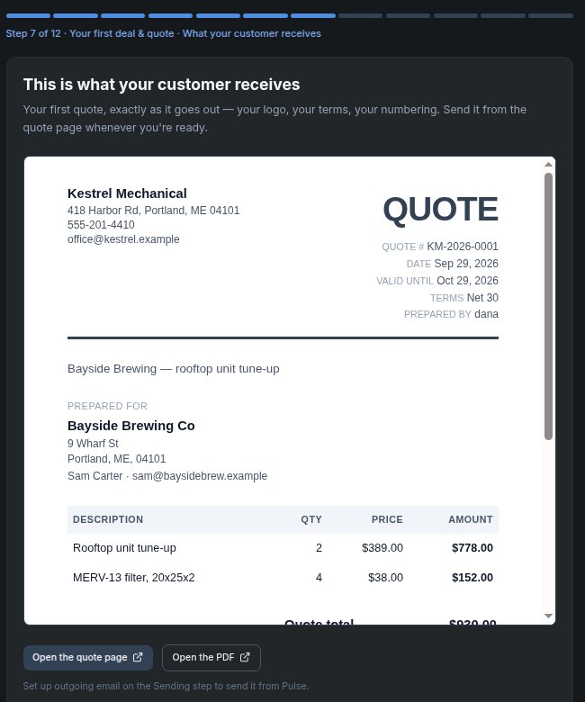 Pulse first quote preview, quote KM-2026-0001 from Kestrel Mechanical to Bayside Brewing Co with two line items