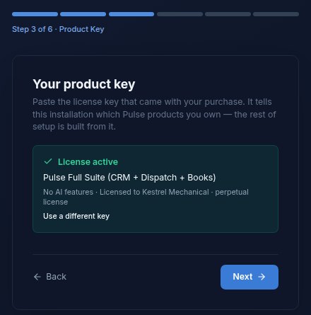 Pulse setup wizard, step 3 of 6: product key accepted, showing License active, Pulse Full Suite, perpetual license