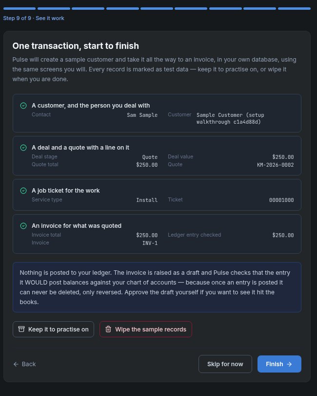 Pulse See it work: one transaction start to finish, a sample customer, deal and quote, job ticket and draft invoice, with Keep it to practise on and Wipe the sample records buttons