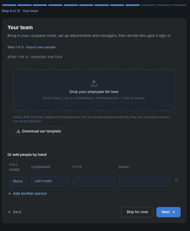 Pulse onboarding, Your team: upload an employee list from Gusto, ADP, Paychex, Square or QuickBooks, or add people by hand