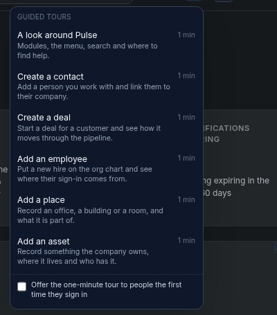 Pulse Help menu listing guided tours of about one minute each, with an option to offer the tour at first sign-in